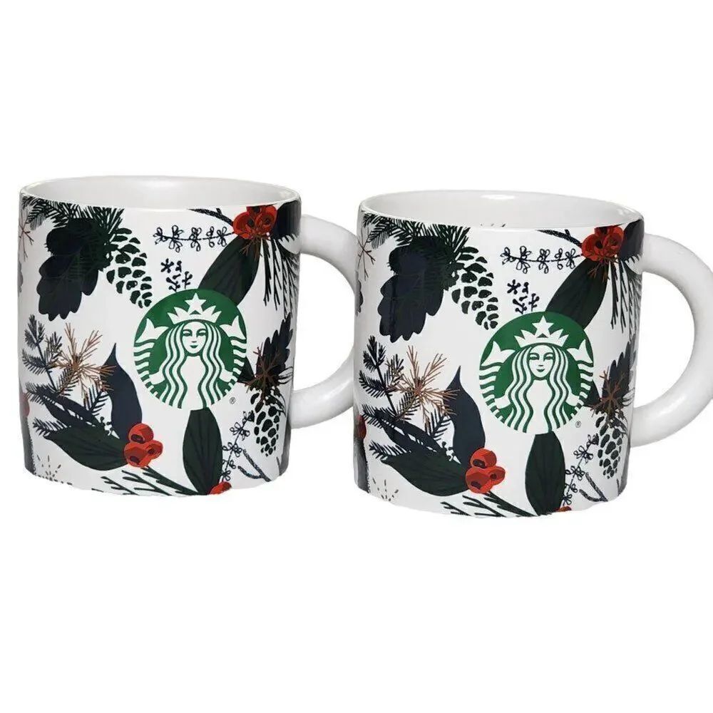Starbucks Coffee Mugs, 12 fl oz Christmas Holly Berry Ceramic Drinking Mugs, 2Ct